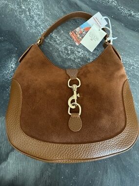 Brown Suede & Leather Hobo Bag with Gold Hardware
